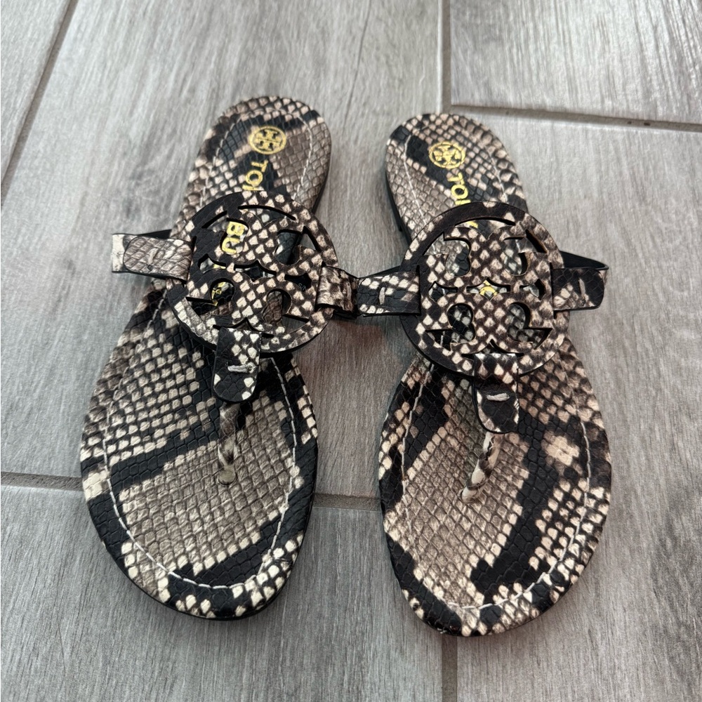 Tory Burch Black and Tan Snake Print Sandals